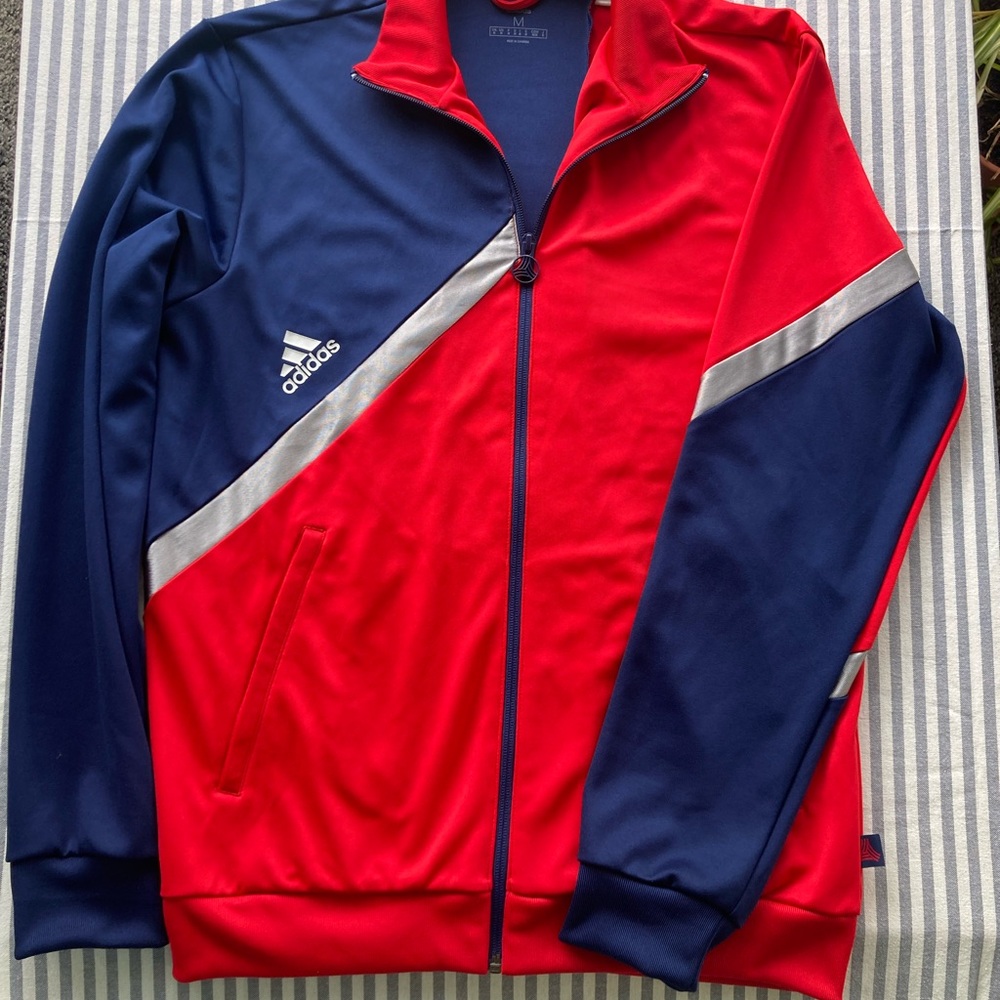 Adidas Red and Blue Athletic Zip Jacket w Silver & Pockets Size M Never Worn.